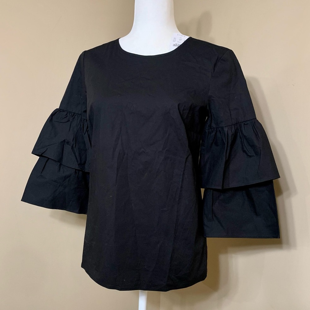 NWT J Crew Mercantile Black Tiered Bell Ruffle Sleeve Blouse 0 Extra Small